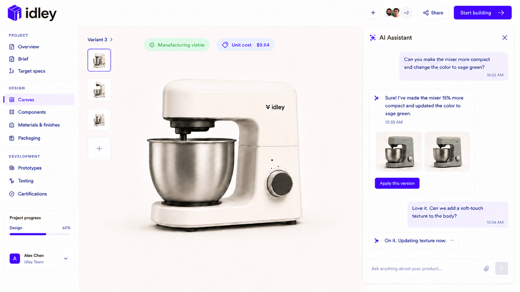 Idley workspace showing a kitchen mixer product design with AI assistant feedback.